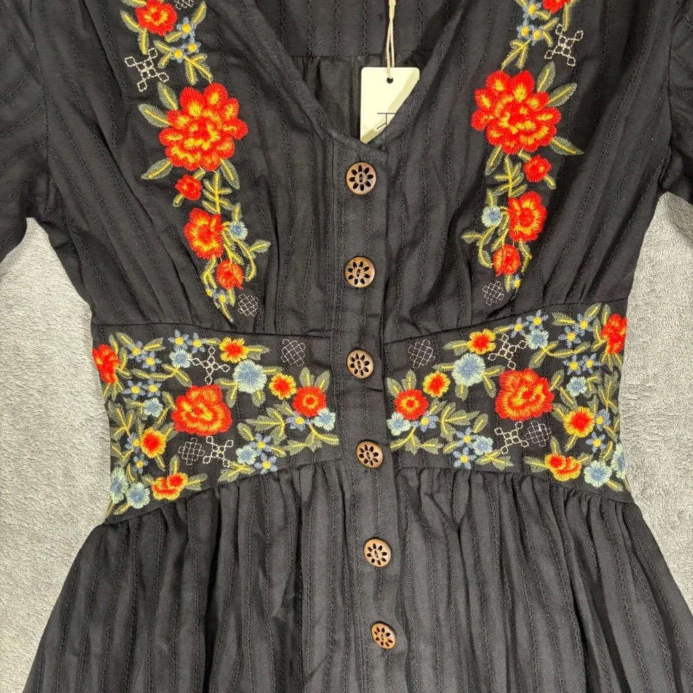 ROOLEE Black Floral Embroidered Cotton Button Front Midi Dress XXS NWT Cottage - Picture 6 of 14